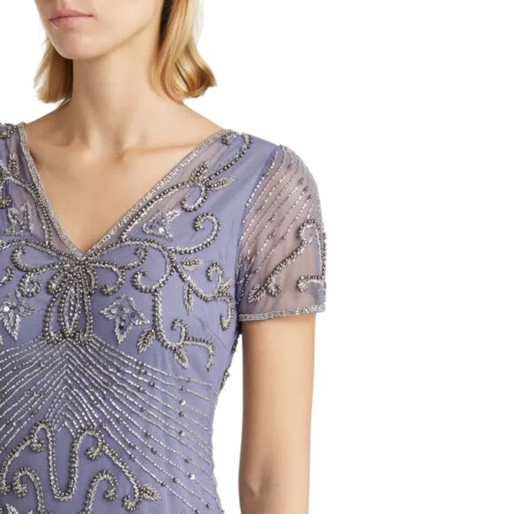 NEW Women's PISARRO NIGHTS Beaded Mesh Midi Cocktail Dress/Gown Violet | Size 8 - Picture 3 of 15